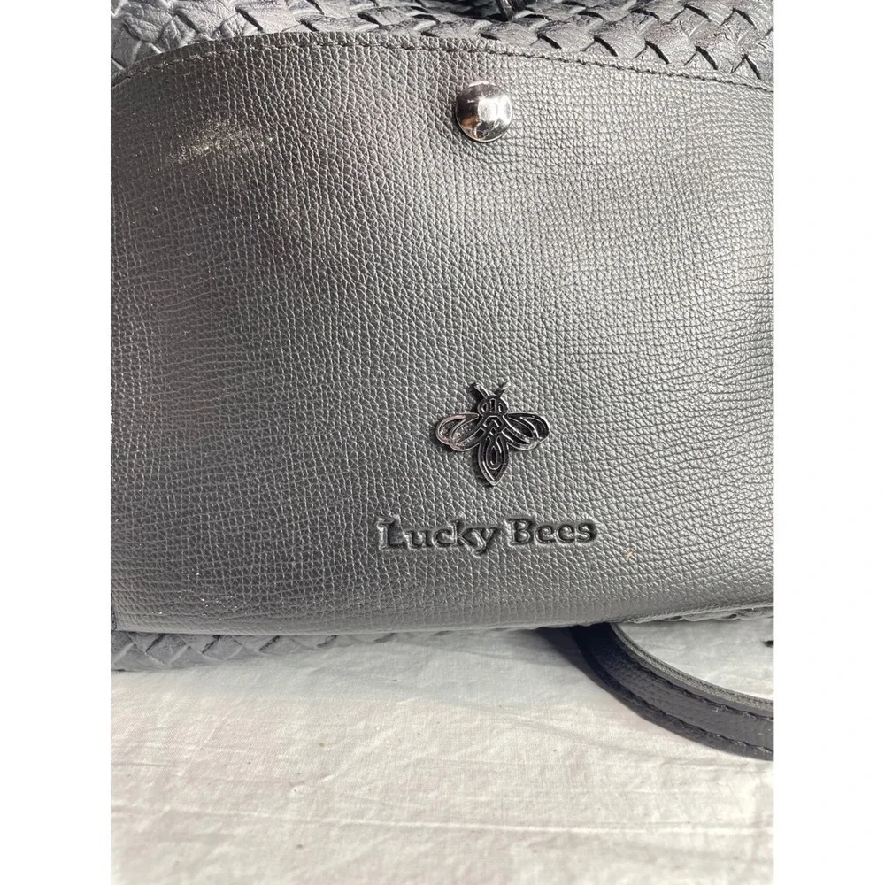 Lucky Bees Woven Faux Leather Drawstring Backpack Black Bee Logo Casual vean